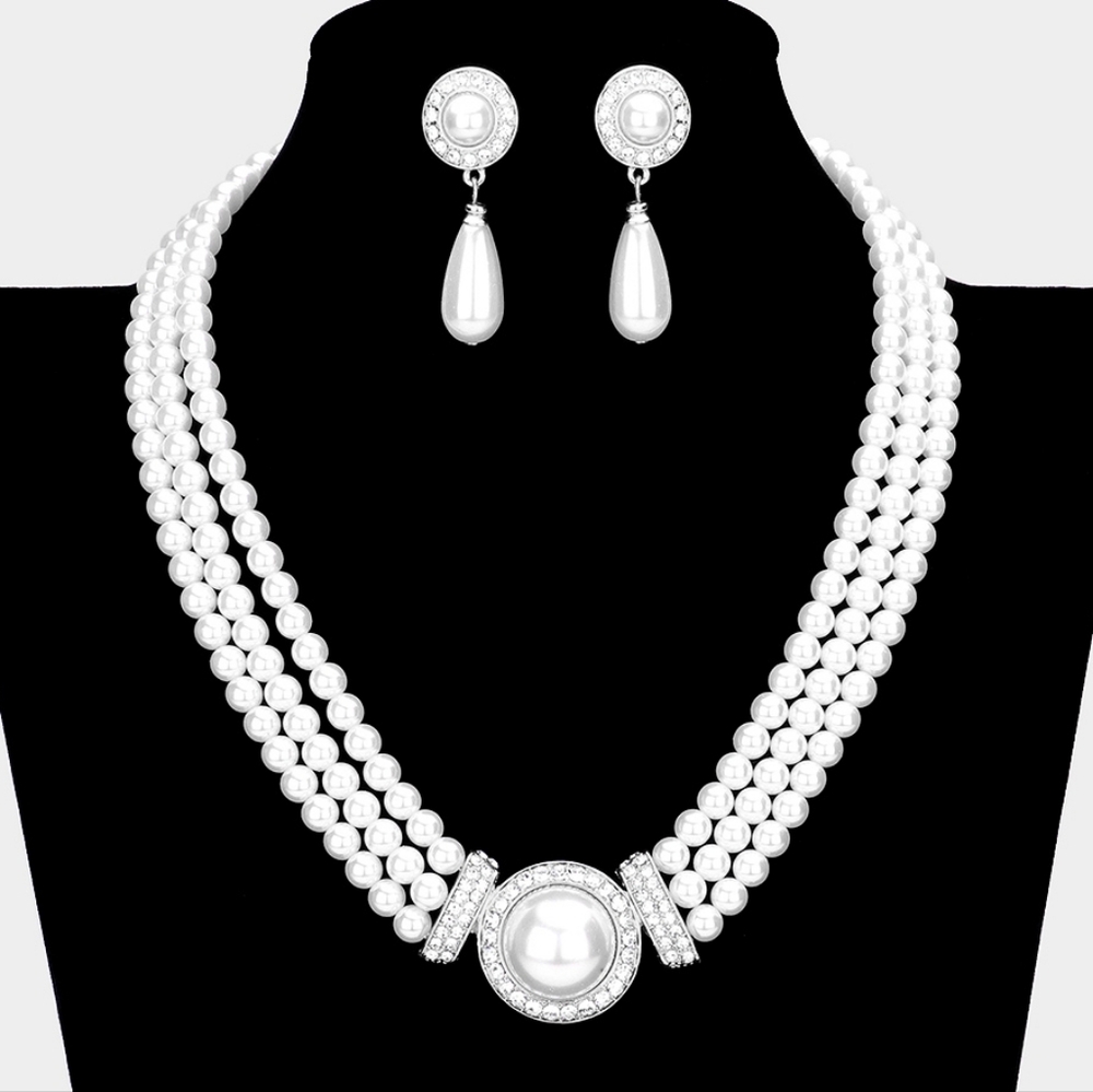 White Silver Pearl Formal Rhinestone Crystal Set Trimmed Jewelry Style
